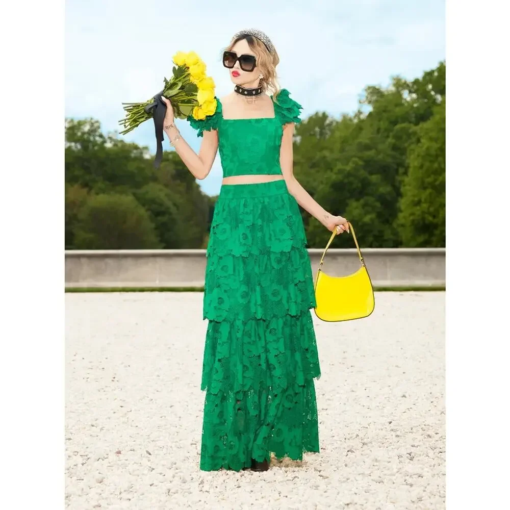 ALICE + OLIVIA TAWNY EMERALD GREEN EYELET RUFFLE CROP TOP WOMEN’S 10 NWT - Picture 4 of 6